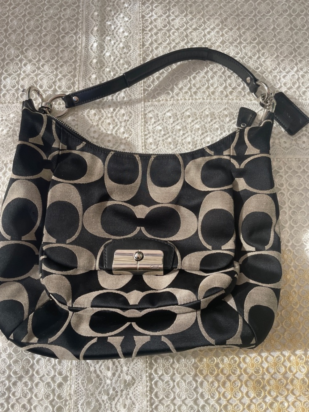Coach Black and Tan Signature Shoulder Bag with Turn-Lock